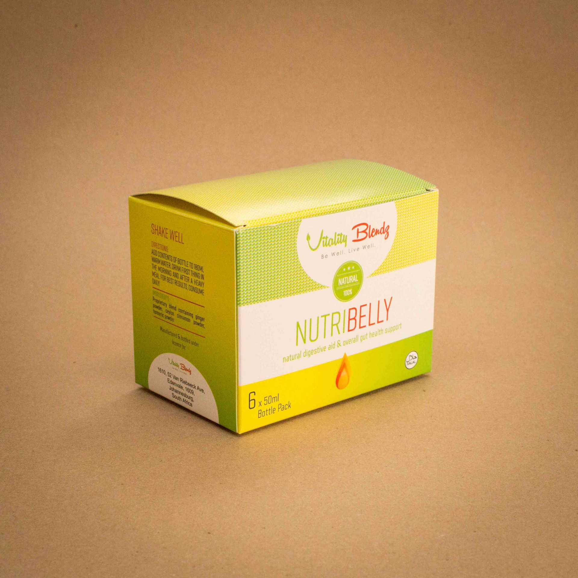 Vitality Blendz NutriBelly digestive aid folding carton in green and yellow