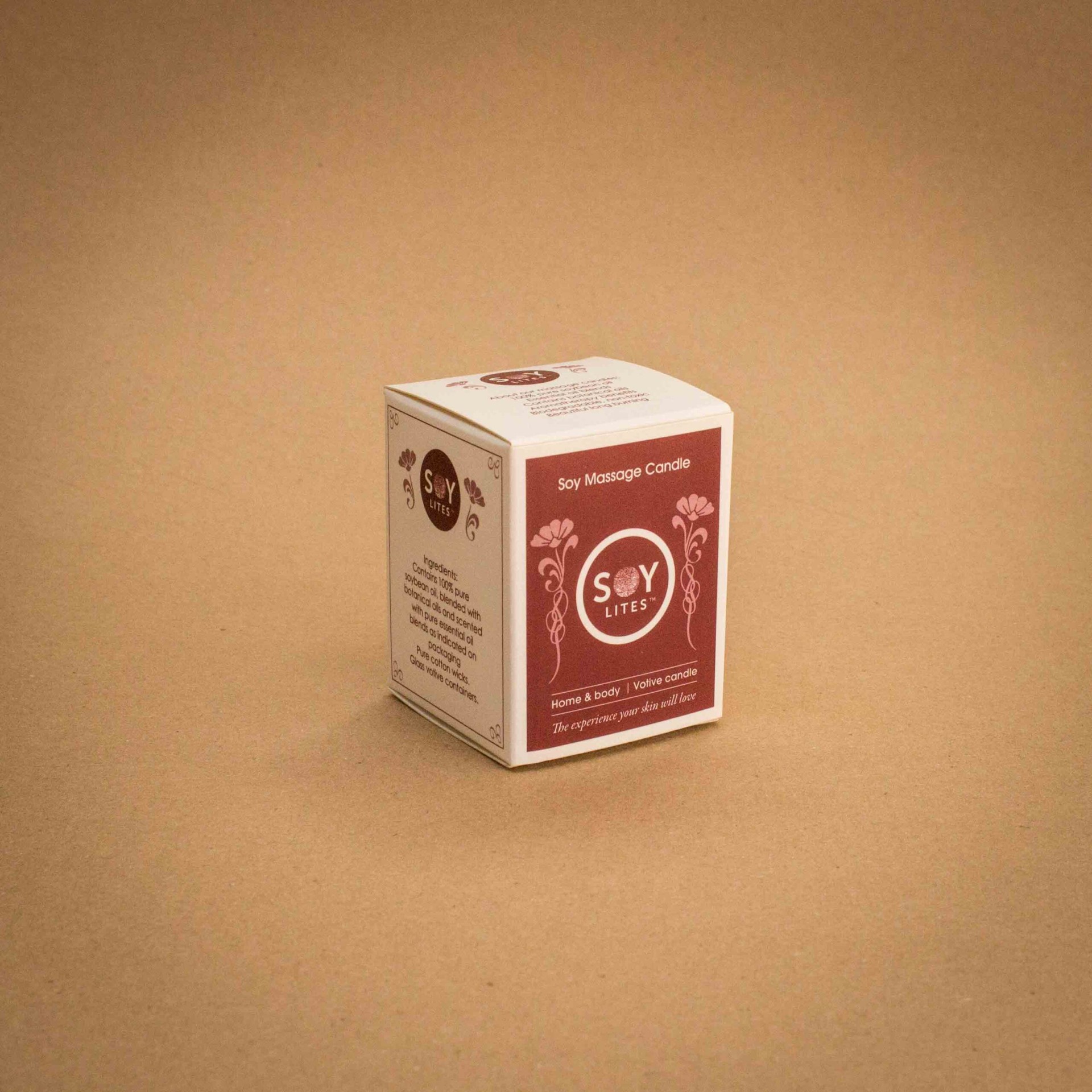 SoyLites soy massage candle folding carton with burgundy and cream botanical print