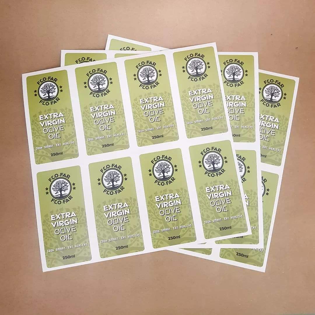 Flo-Far Extra Virgin Olive Oil 250ml self-adhesive label sheets in green with tree logo