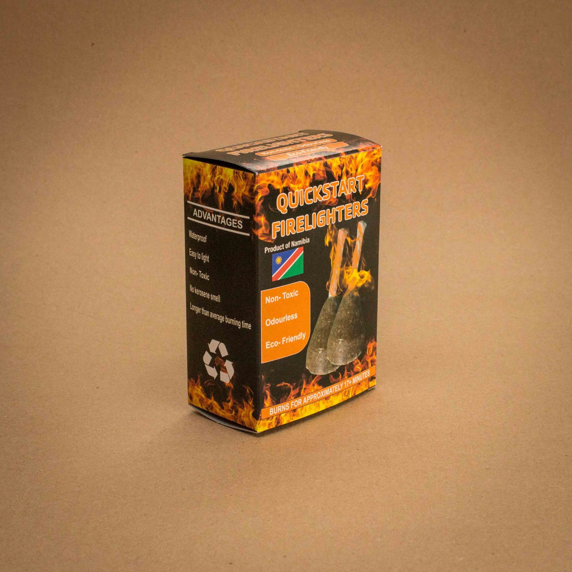 Quickstart Firelighters folding carton with flame graphics, product of Namibia
