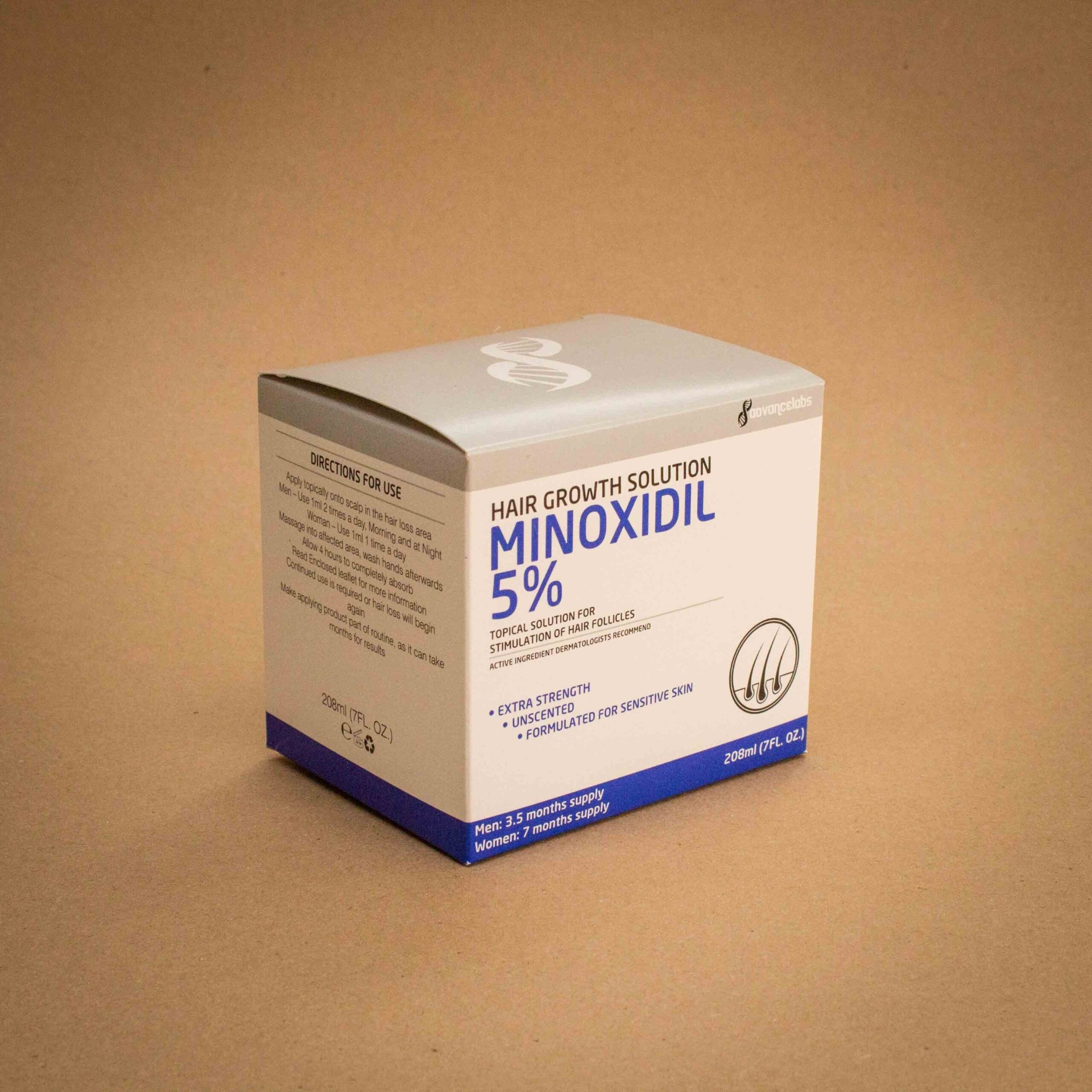 Advancelabs Minoxidil 5% hair growth pharmaceutical folding carton