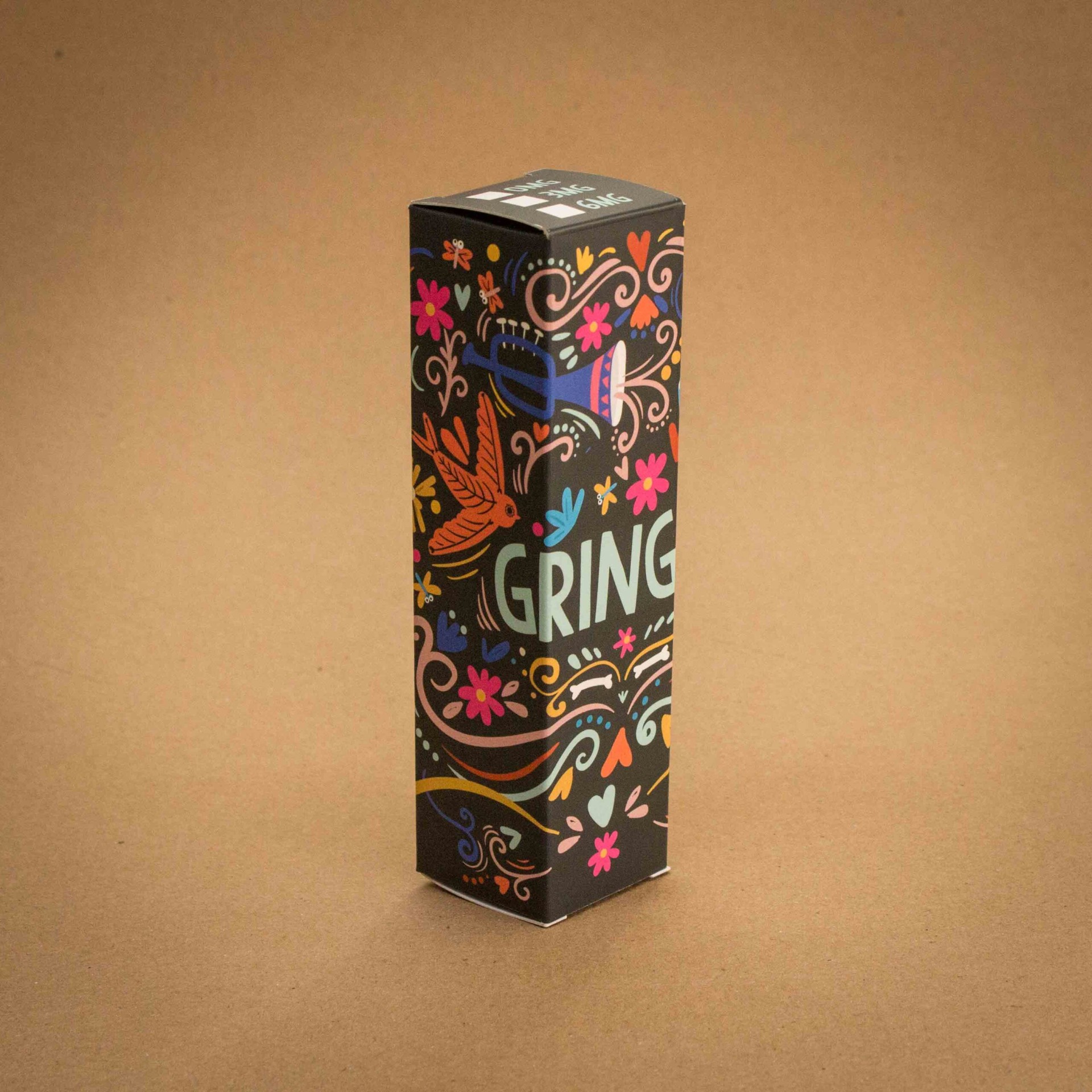 Gringo vape juice folding carton with colourful Day of the Dead illustration on black
