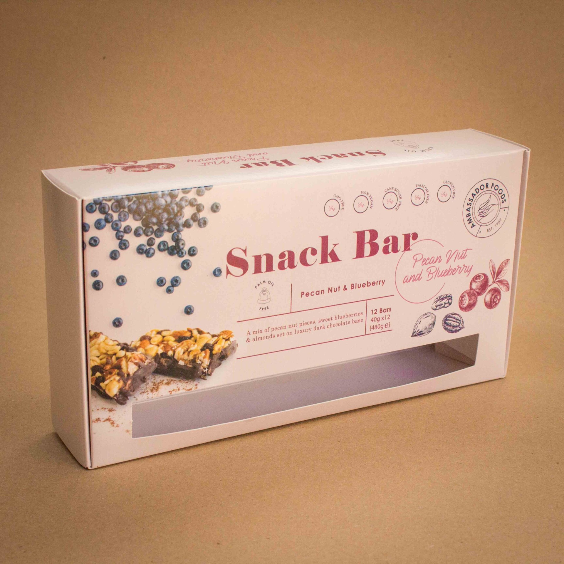 Ambassador Foods pecan nut and blueberry snack bar carton with window patch