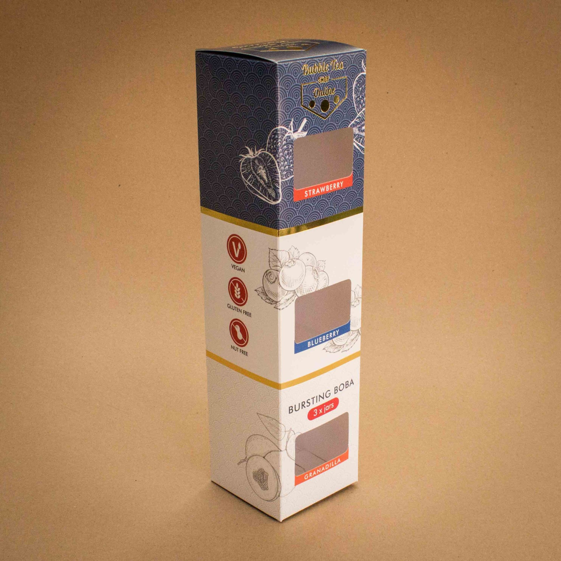 Bubble Tea Shop Online Bursting Boba folding carton with three window patches and gold foil trim