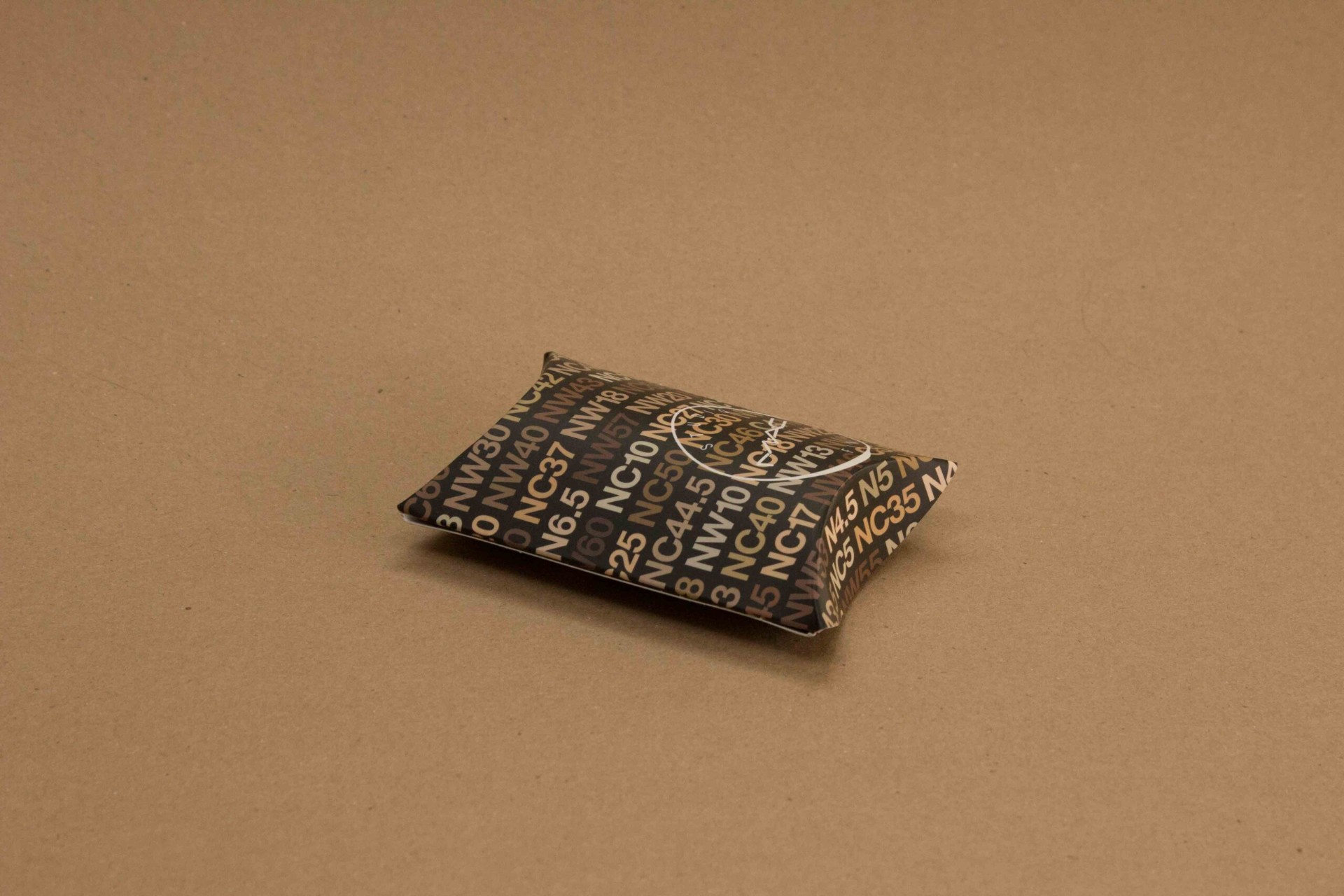 MAC Cosmetics foundation shade pillow pack with gold foil shade codes on black