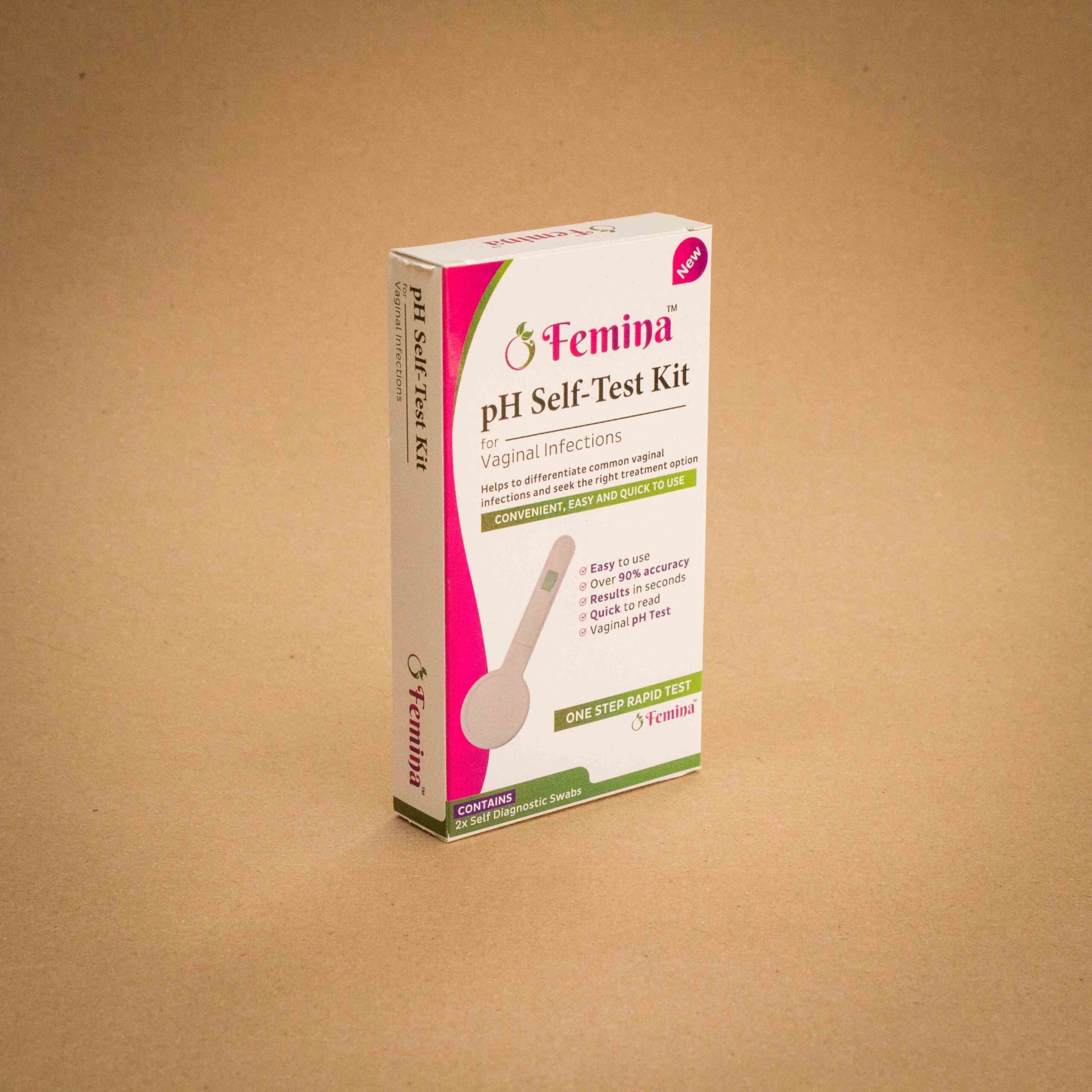 Femina pH self-test kit folding carton in pink, green and white