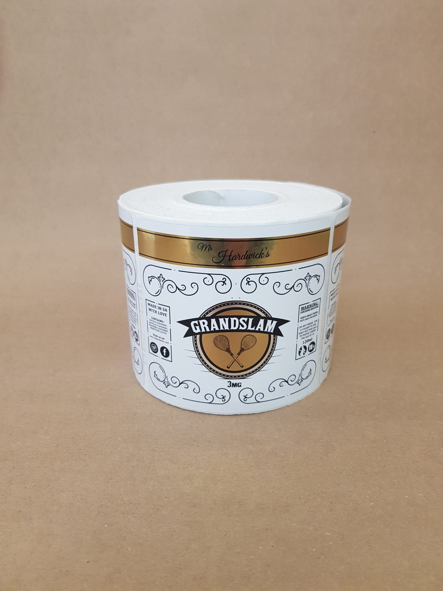 Mr Hardwick's Grandslam vape label roll with gold foil banner and vintage tennis crest