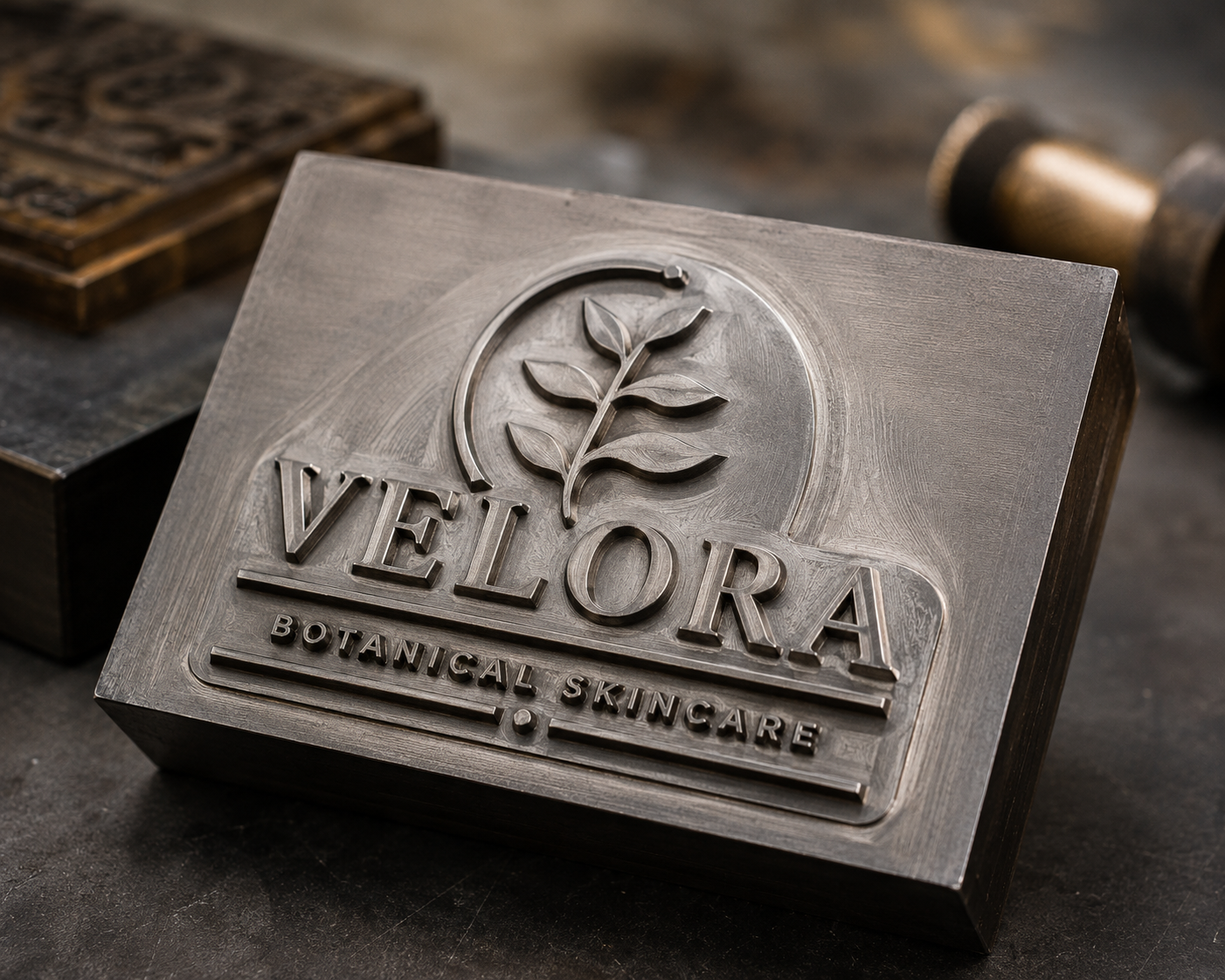 Embossed metal die block with Velora Botanical Skincare logo in raised relief