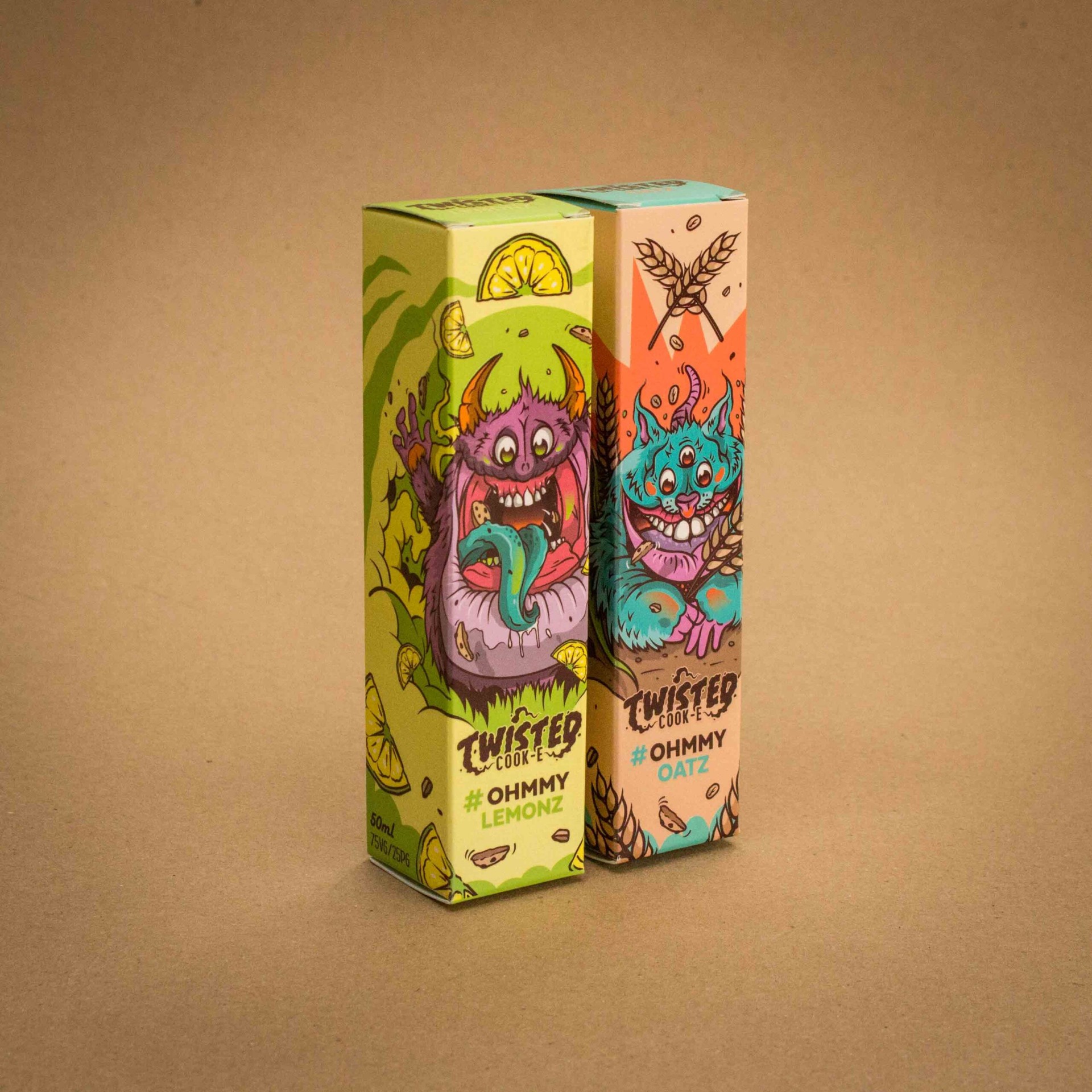 Twisted Cook-E Ohmmy Lemonz and Ohmmy Oatz vape folding cartons with monster illustrations