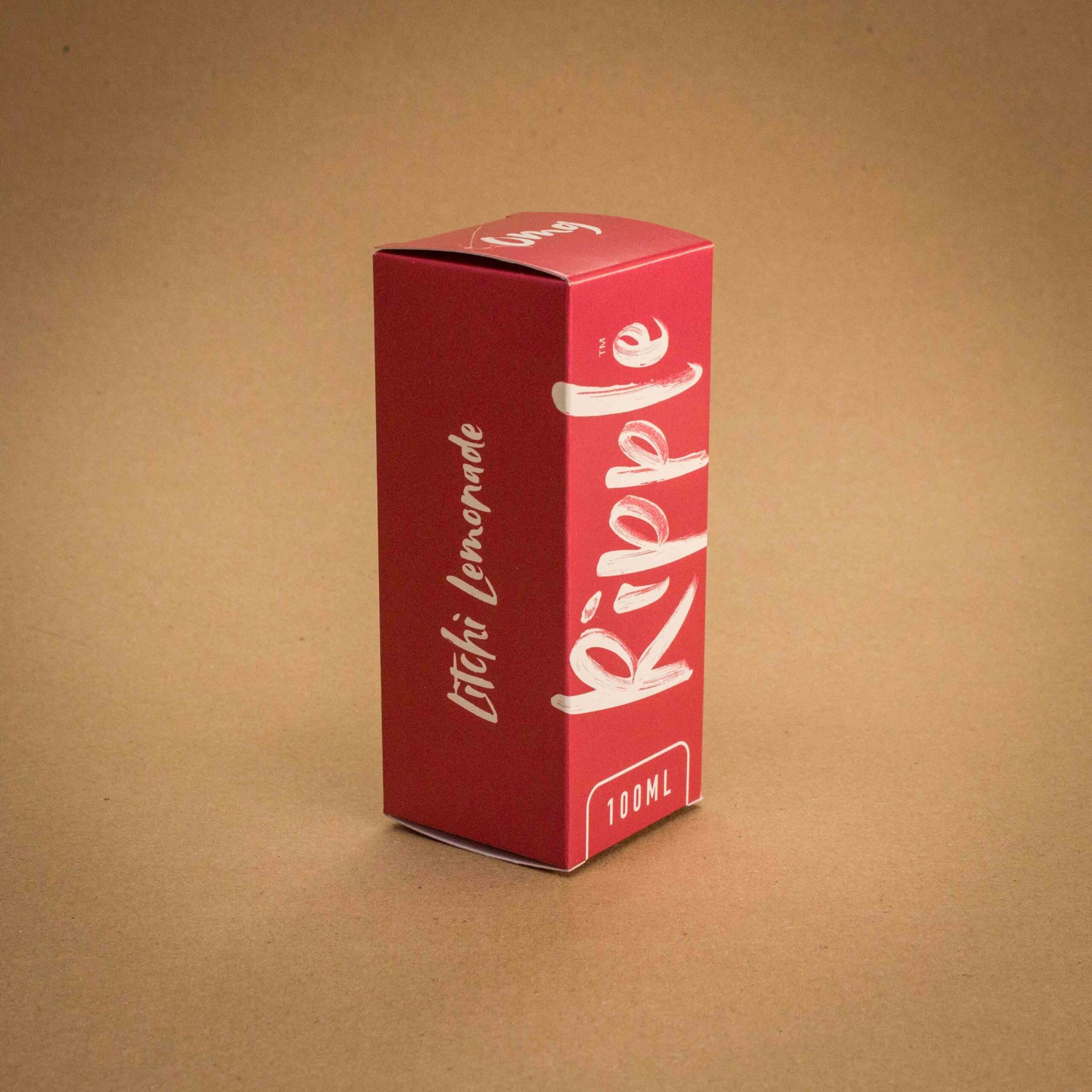 Ripple Litchi Lemonade 100ml folding carton with hand-lettered white script on red