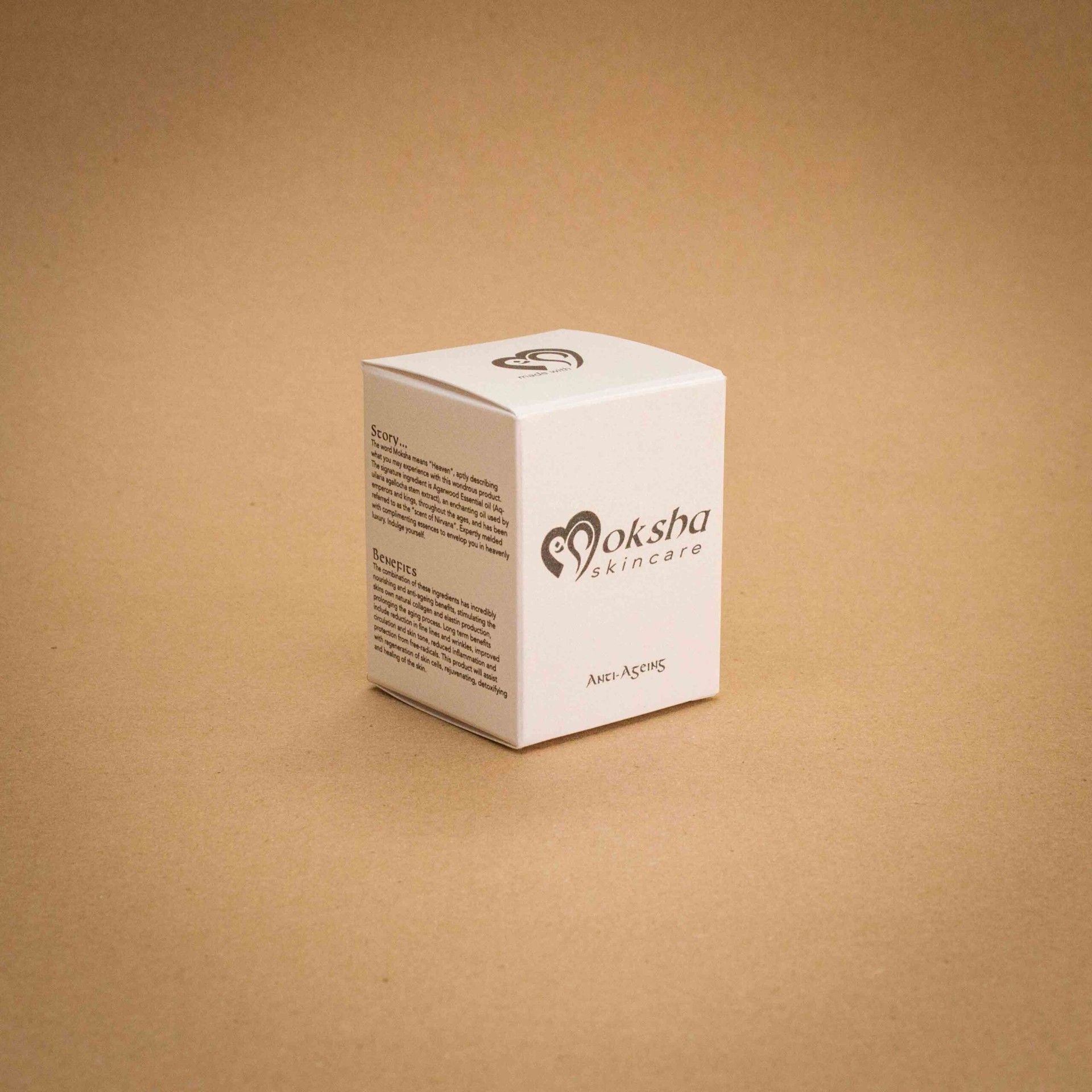 Moksha Skincare Anti-Ageing minimalist white folding carton with subtle grey logo