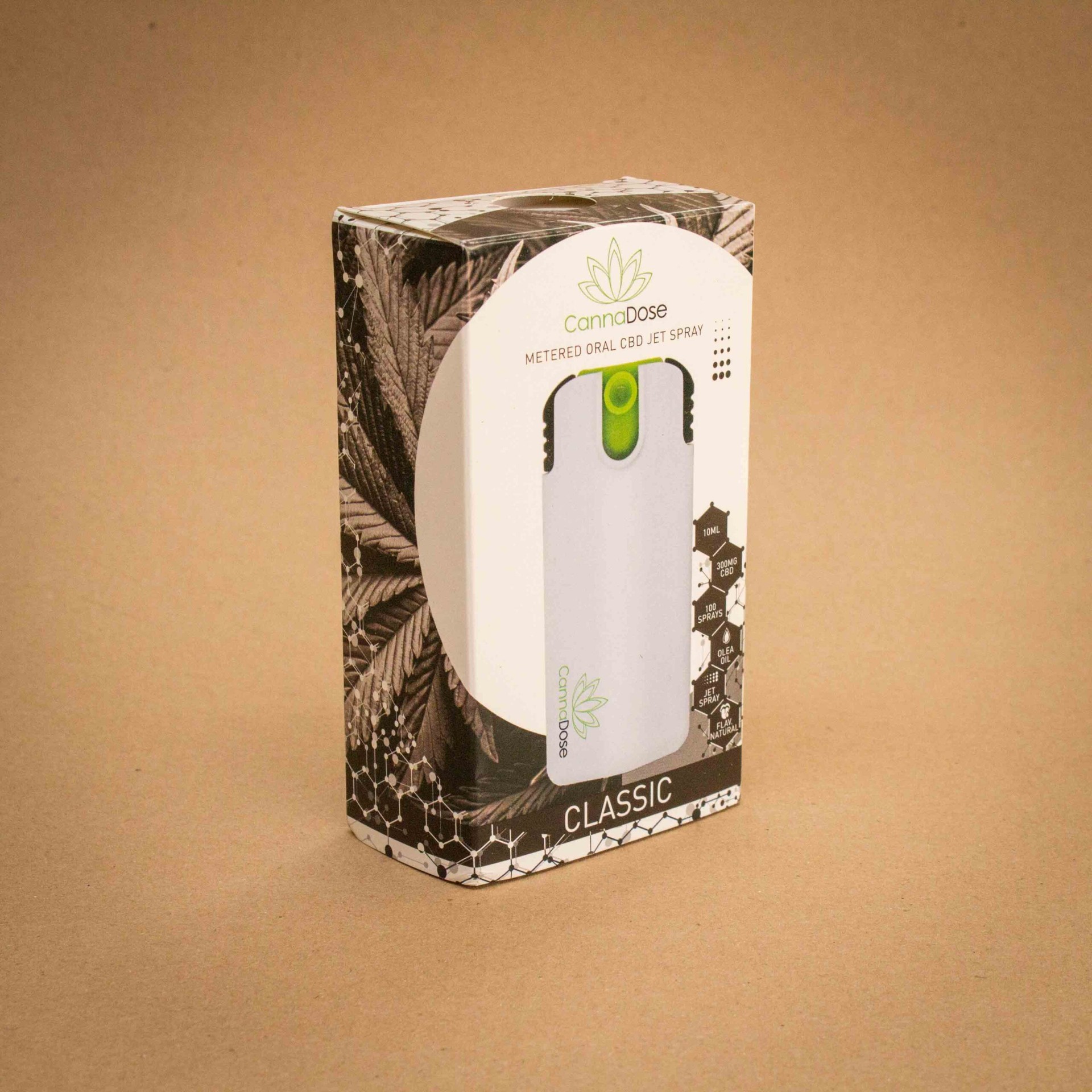 CannaDose metered oral CBD jet spray folding carton with window patch