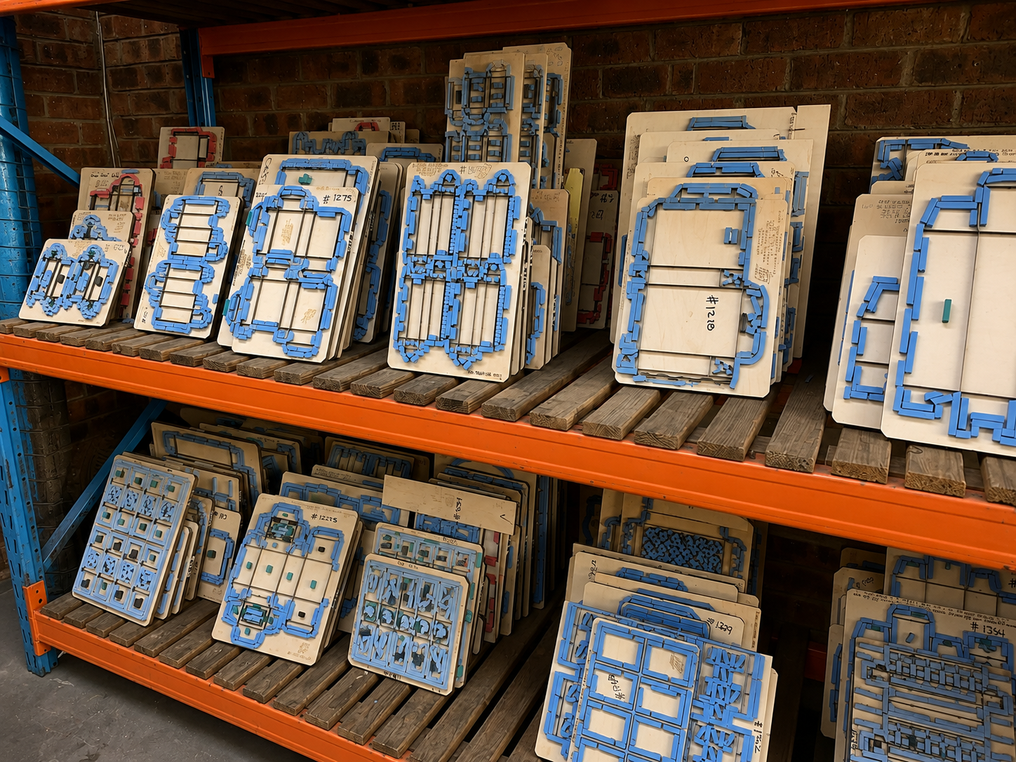 Carton die-cutting dies and cutting formes stored on orange racking in the production area