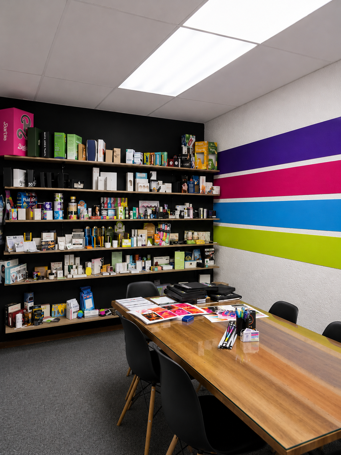 Gateway Print & Packaging showroom boardroom with shelves of printed carton and label samples beside a CMYK striped feature wall