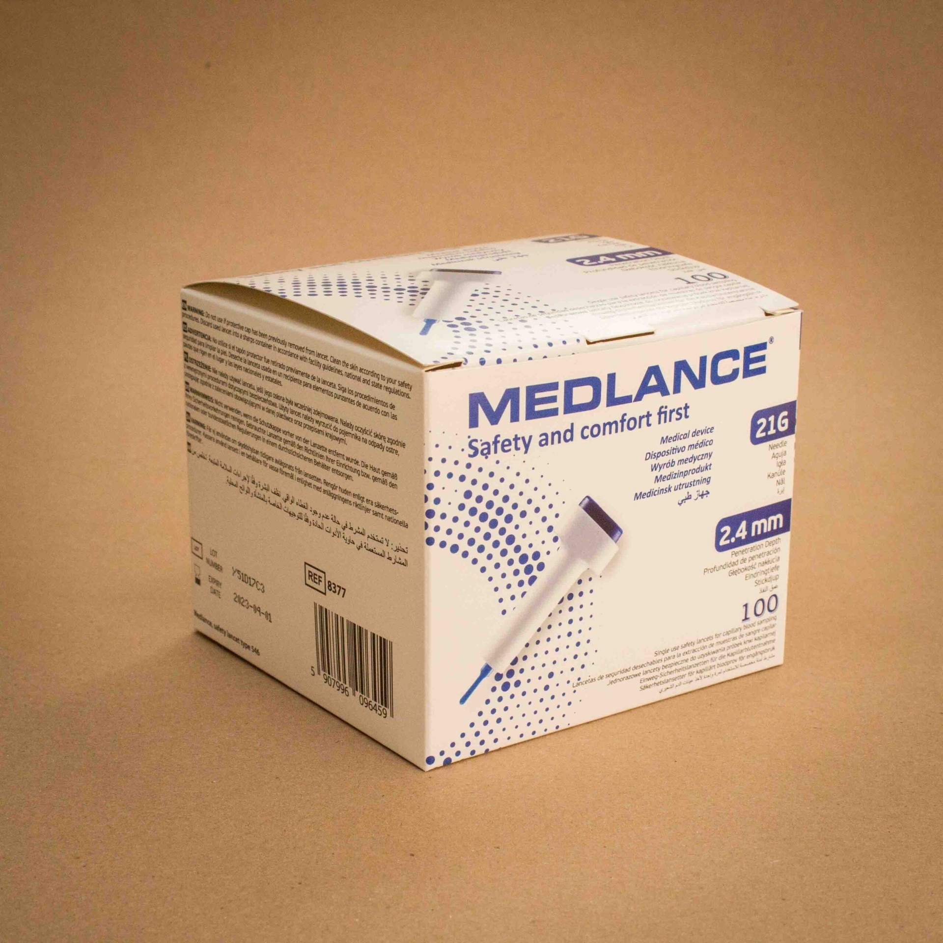 Medlance safety lancets medical device folding carton in white and blue