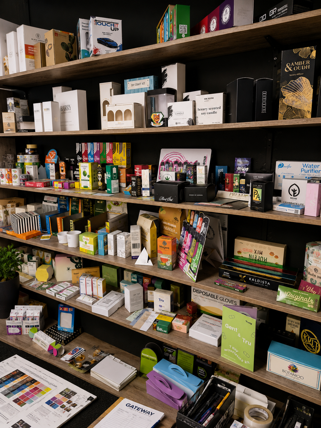 Gateway showroom shelves displaying folding cartons, labels and printed packaging samples