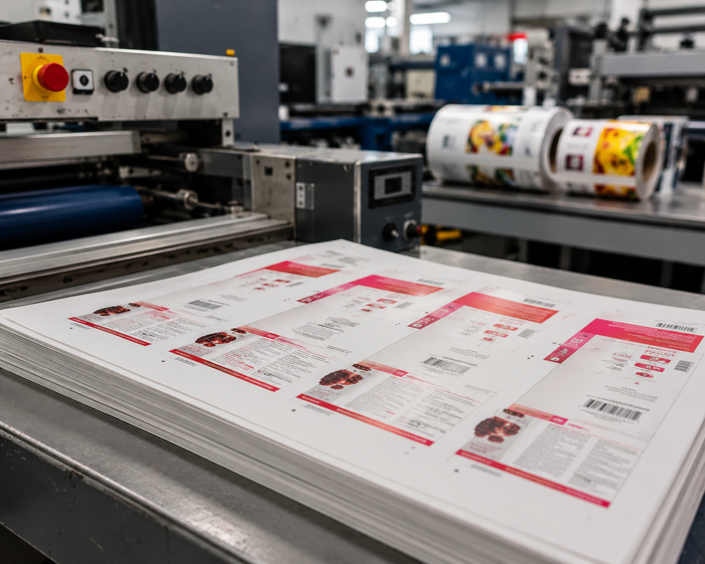 Carton sheets on a production press with printed fruit labels