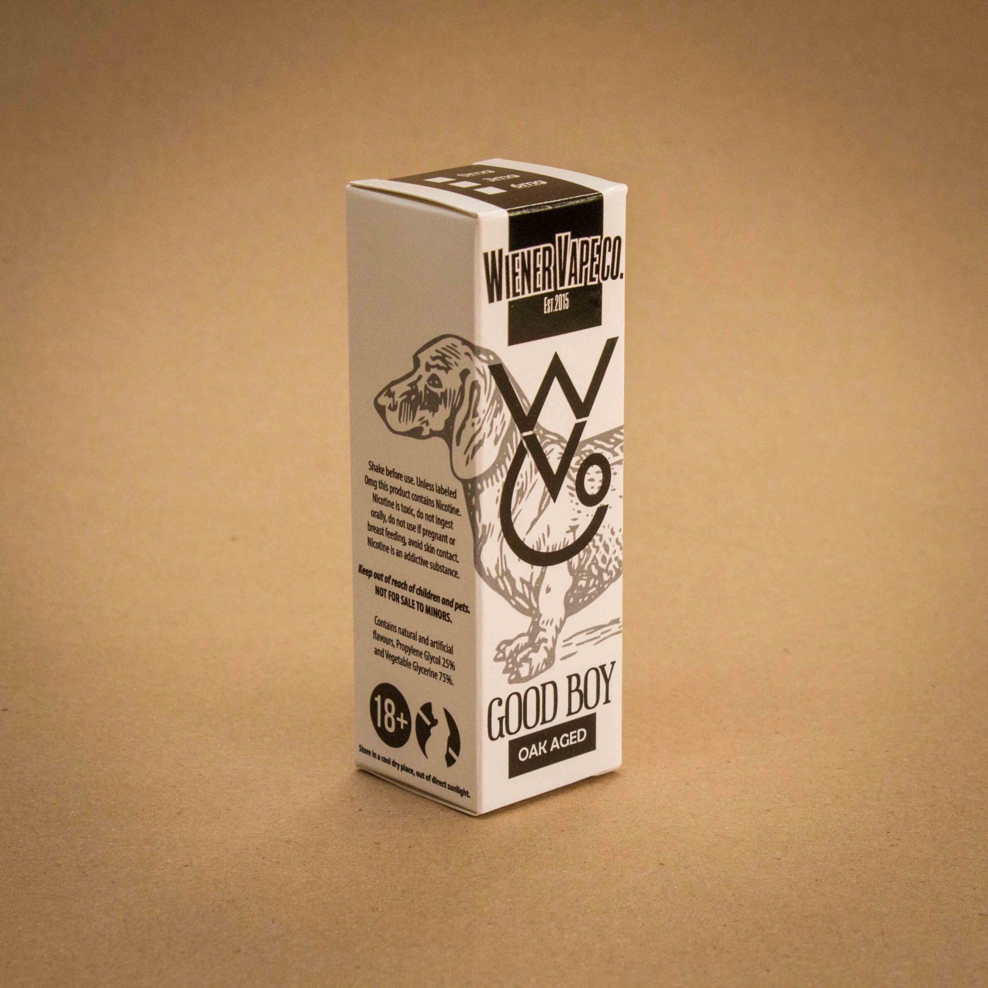 Wiener Vape Co Good Boy Oak Aged vape folding carton in black and white with dachshund illustration