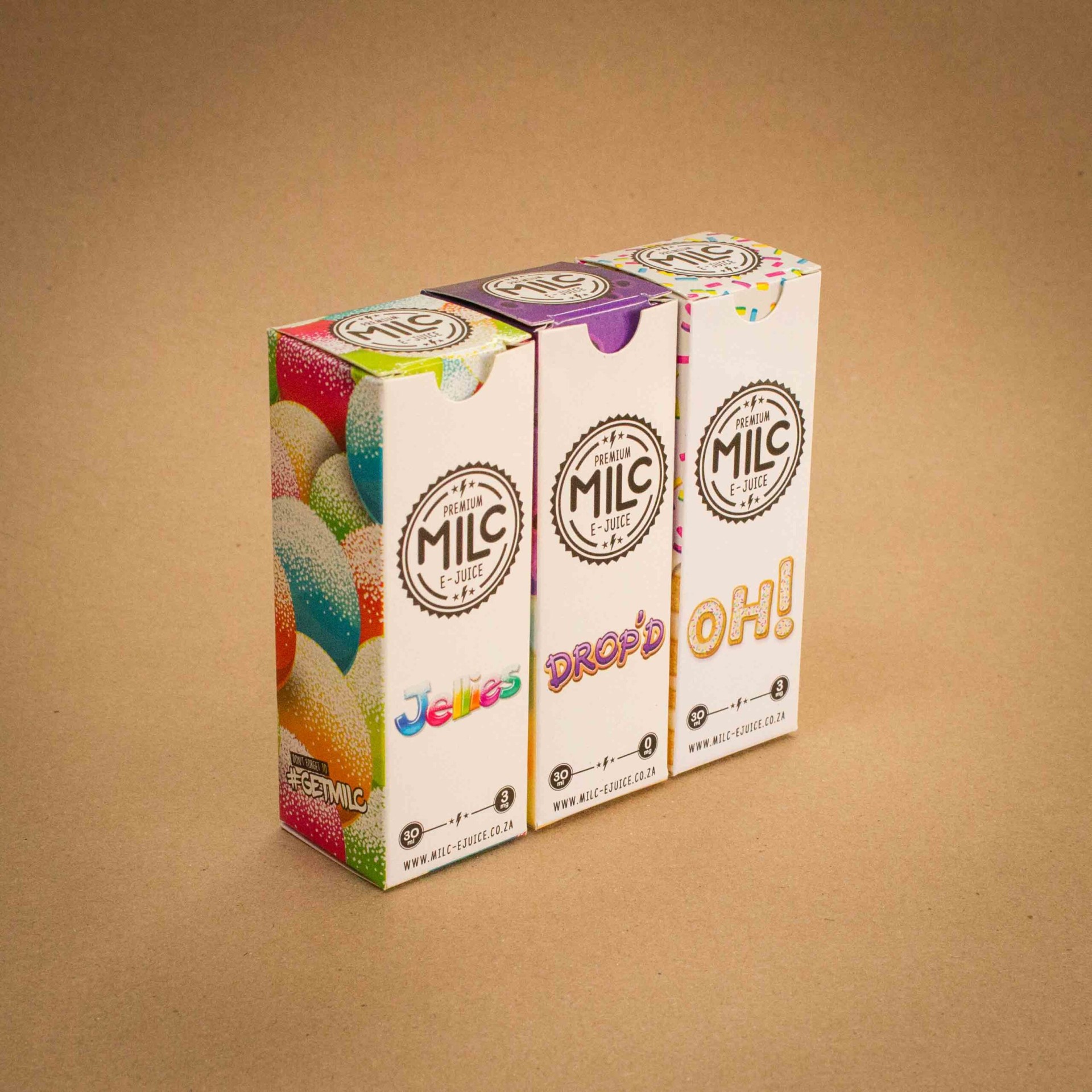 MILC Premium E-Juice Jellies, Drop'd and Oh! vape folding cartons with candy-inspired side prints