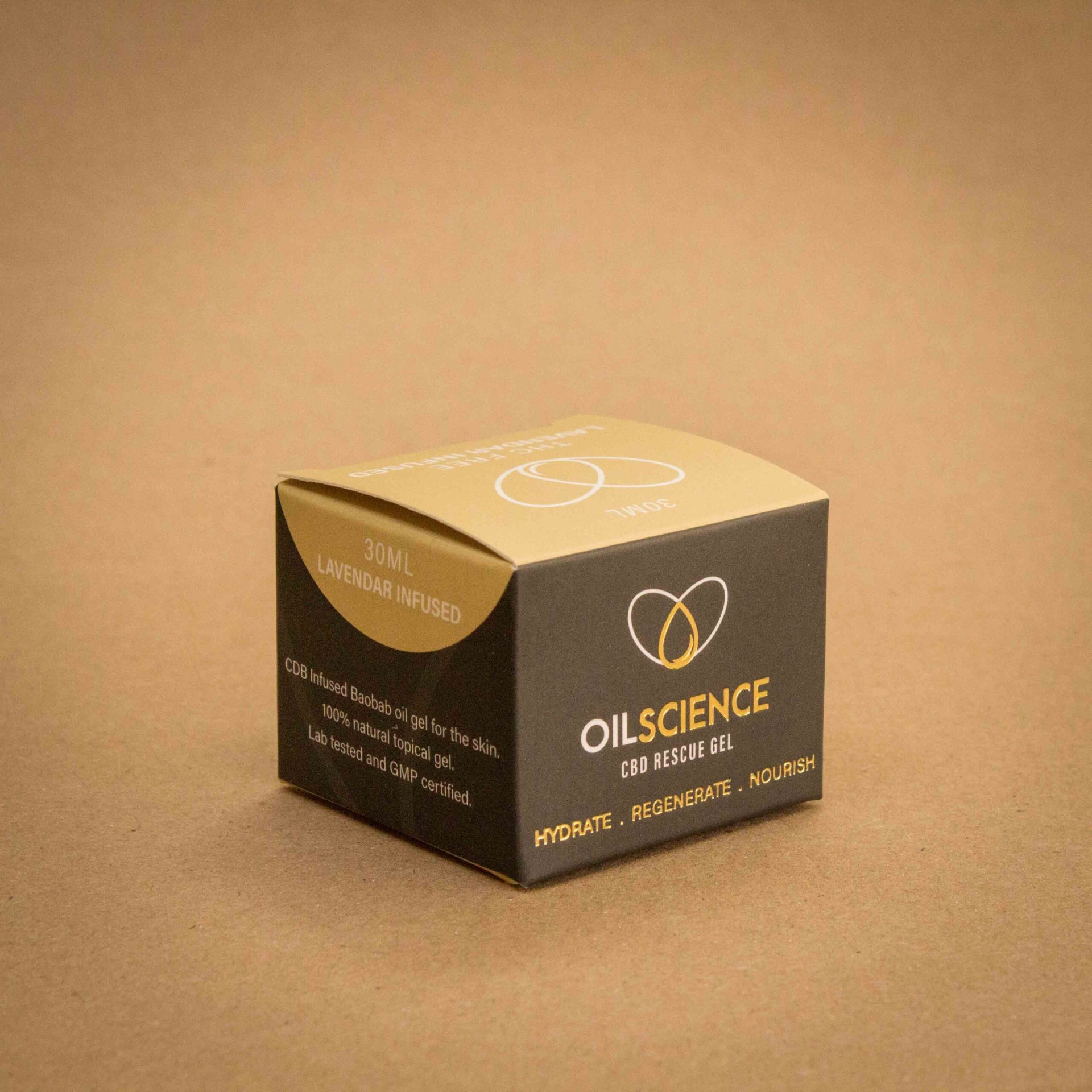 OilScience CBD Rescue Gel premium black and gold folding carton