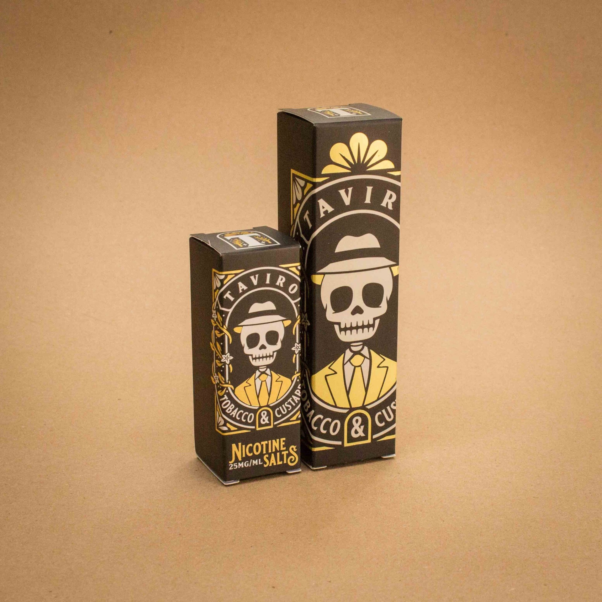 Taviro Tobacco & Custard vape cartons in nicotine salts and freebase sizes side by side
