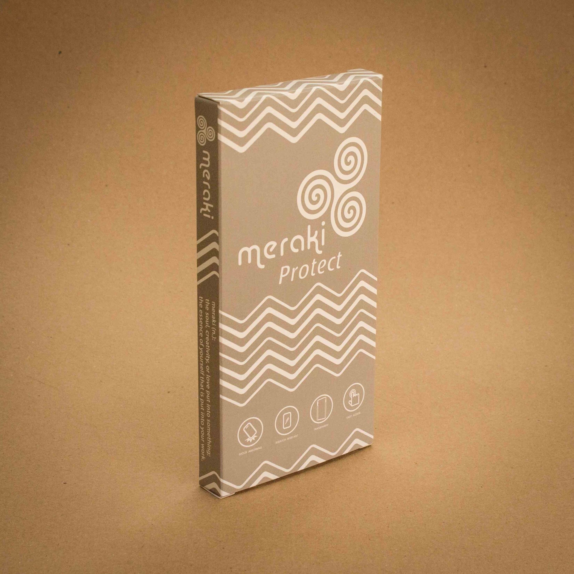 Meraki Protect screen protector folding carton in taupe with white chevron and swirl pattern